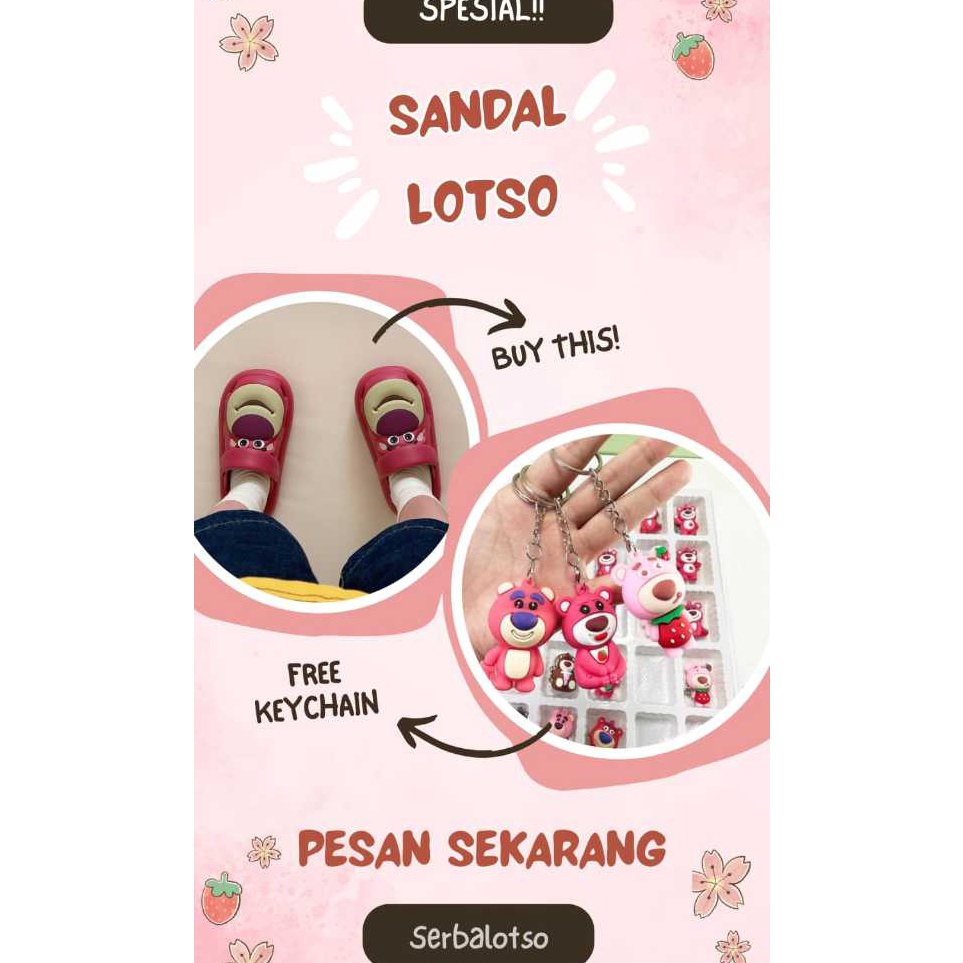 KODE H73W Sandal Lotso Beruang Stroberi Sandal Kartun Lucu Shoes Sendal Wanita Karet Cewek