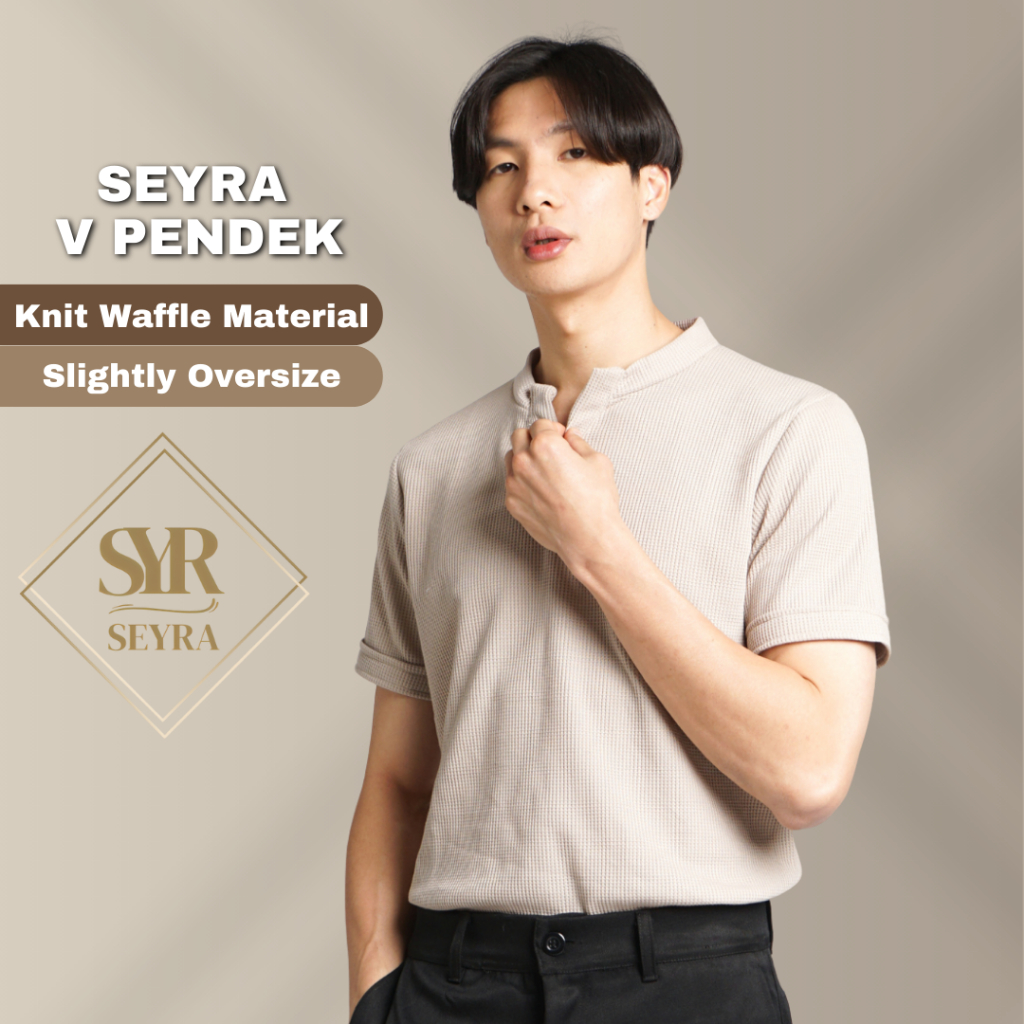 Seyra - Baju Atasan Pria Lengan Pendek Bahan Waffle Knit Berkerah V Neck