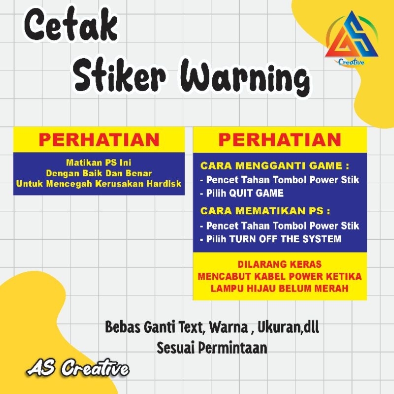 Stiker Peringatan, Stiker Panduan PS,  Pengaman Rental PS, Stiker Custom