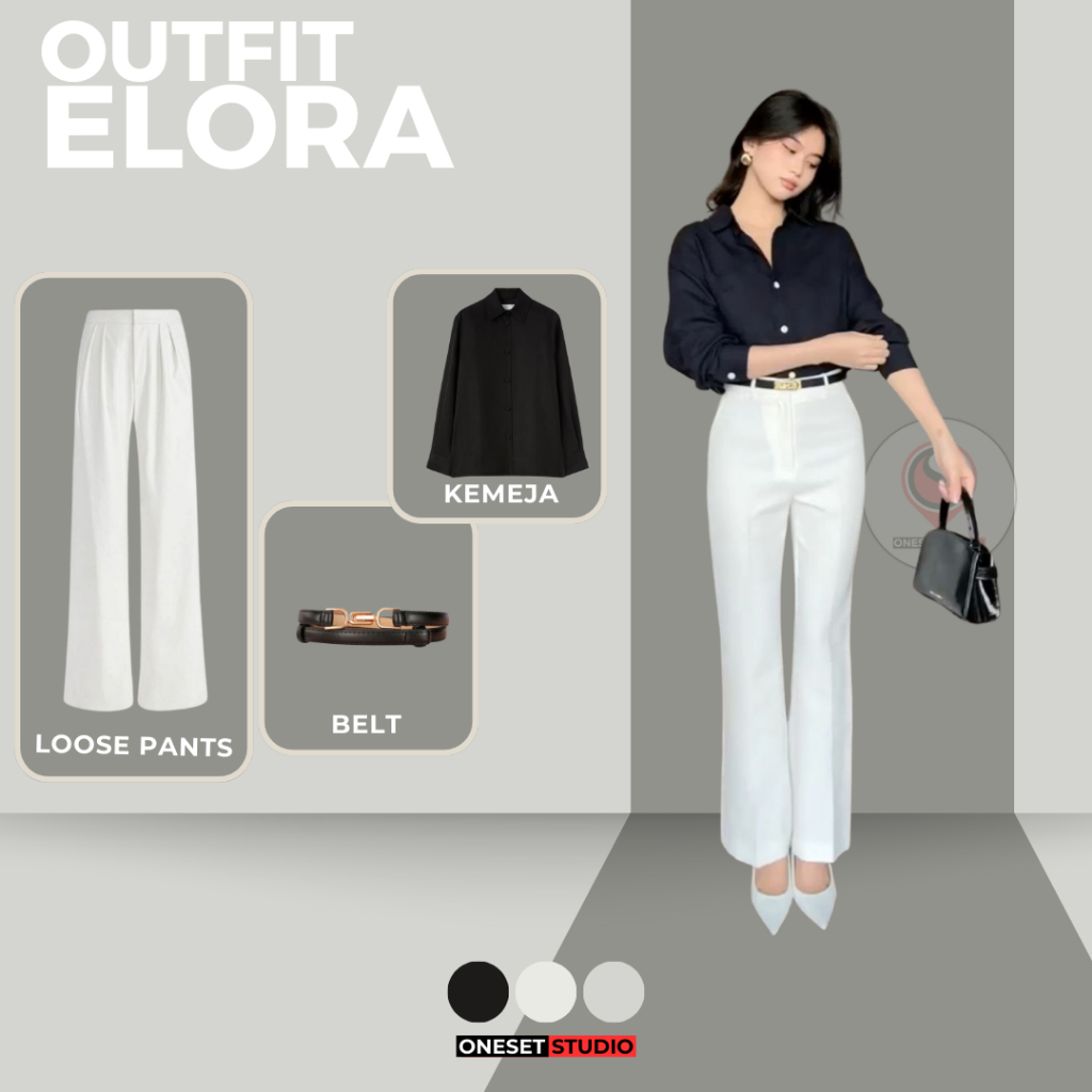 One Set Old Money Setelan Wanita (Kemeja Basic + Loose Pants + Belt) OOTD Korean Style ELORA