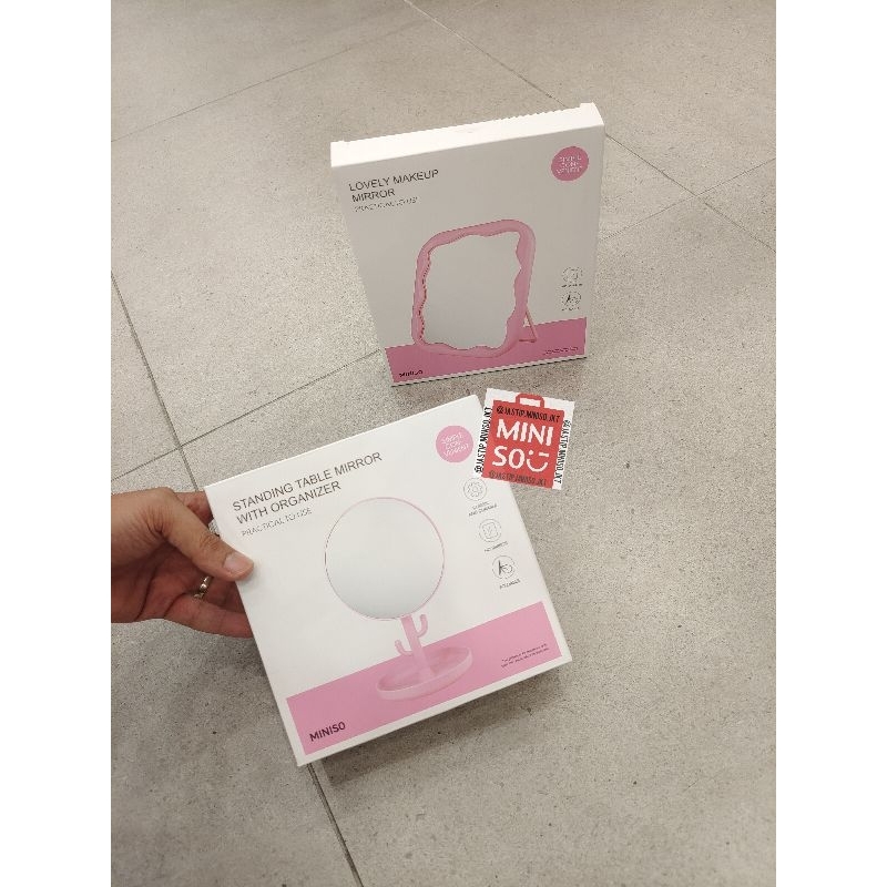 MINISO 🆕 Kaca / Cermin Portable Standing Table Mirror with Organizer (28x16cm) / Lovely Makeup Mirro