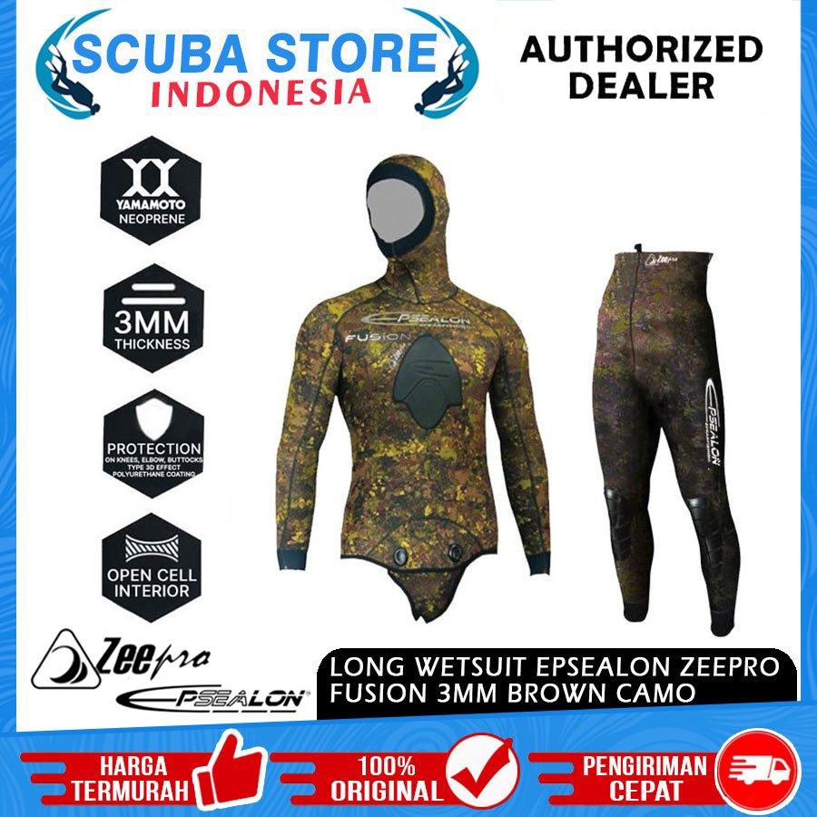 Long Wetsuit Epsalon Zeepro Fusion 3mm With Hood Brown Camo Baju Freedive Freediving Spearfishing Sp