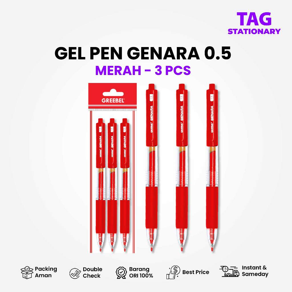 

GREEBEL PULPEN GEL / GEL PEN GP-508 GENARA Merah 0.5 (3PCS/SET) / Ballpen Bolpoin Bolpen Cetek