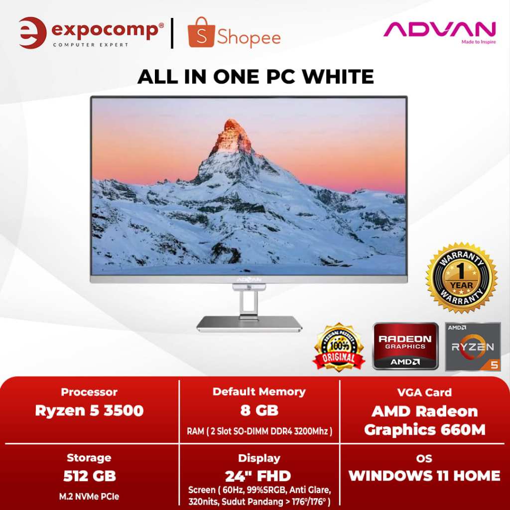 ADVAN ALL IN ONE AIO ONE PC WHITE AMD RYZEN 5-3500U 8GB 512GB WIN 11