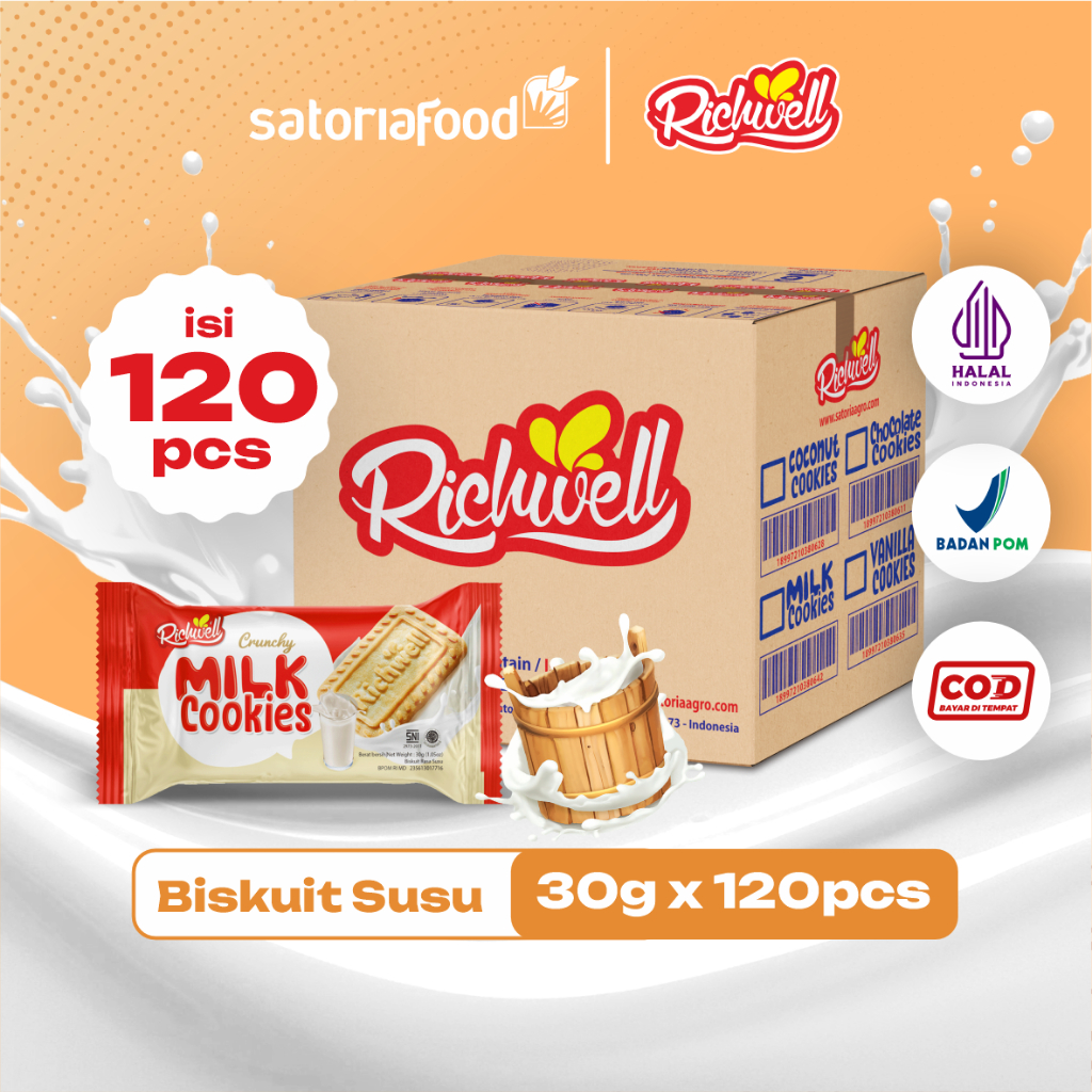

Snack Richwell Milk Cookies 30g | [ 1 Dus ] Cemilan Biskuit Kukis Rasa Susu isi 120 pcs