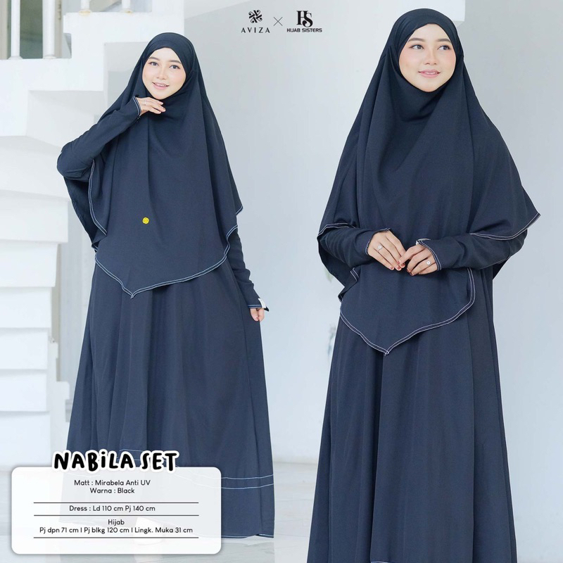 Set Pakaian Muslim Nabila Hijab 2in1 Premium  Cantik Dress Pashmina Hitam Simple Panjang Nyaman Form
