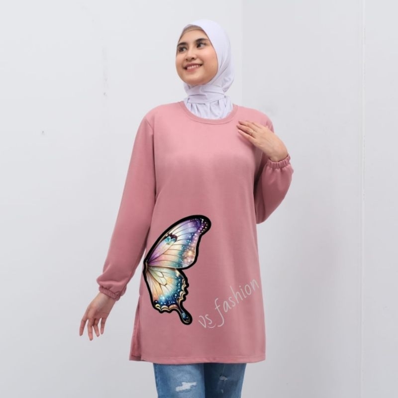kaos tunik wanita dewasa lengan karet kaos tunik wanita motif kupu-kupu samping kaos tunik cantik ba
