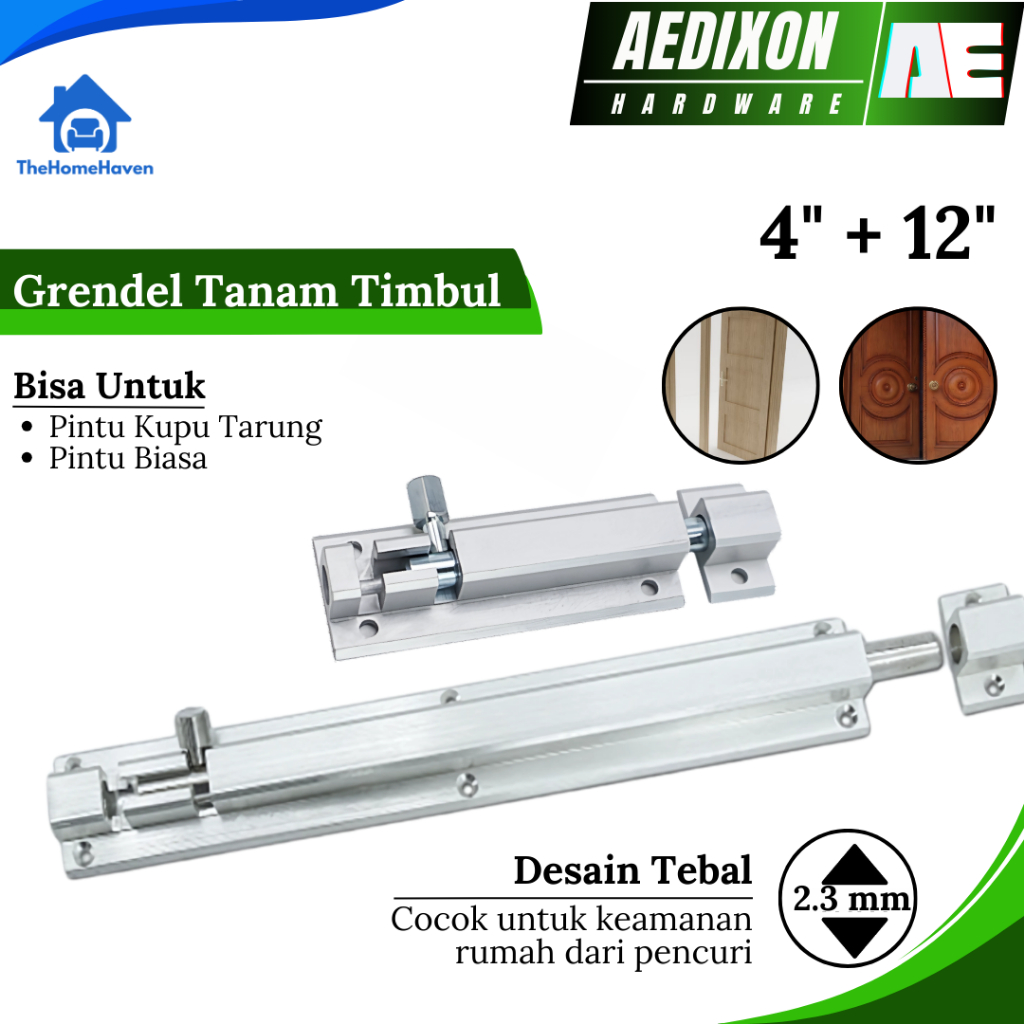 AE&DI Grendel Tanam Timbul 4"+12" Tebal 2.3mm | Grendel Pintu Kupu Tarung | Aluminium 2.3mm