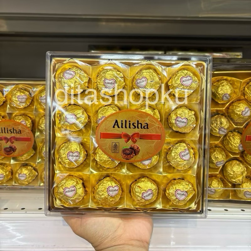 Ailisha Chocolate Kotak 16 pcs / Ailisha Wafer Peanut Chocolate Ball / Oleh Oleh Malaysia Ailisha