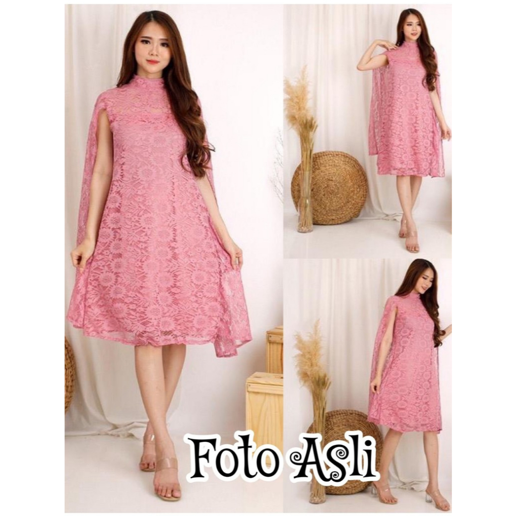 Gaun Pesta Midi Dres Wanita Brokat Dress Kondangan Lengan Batwing Panjang Gliter Manik Gaun Bridesma