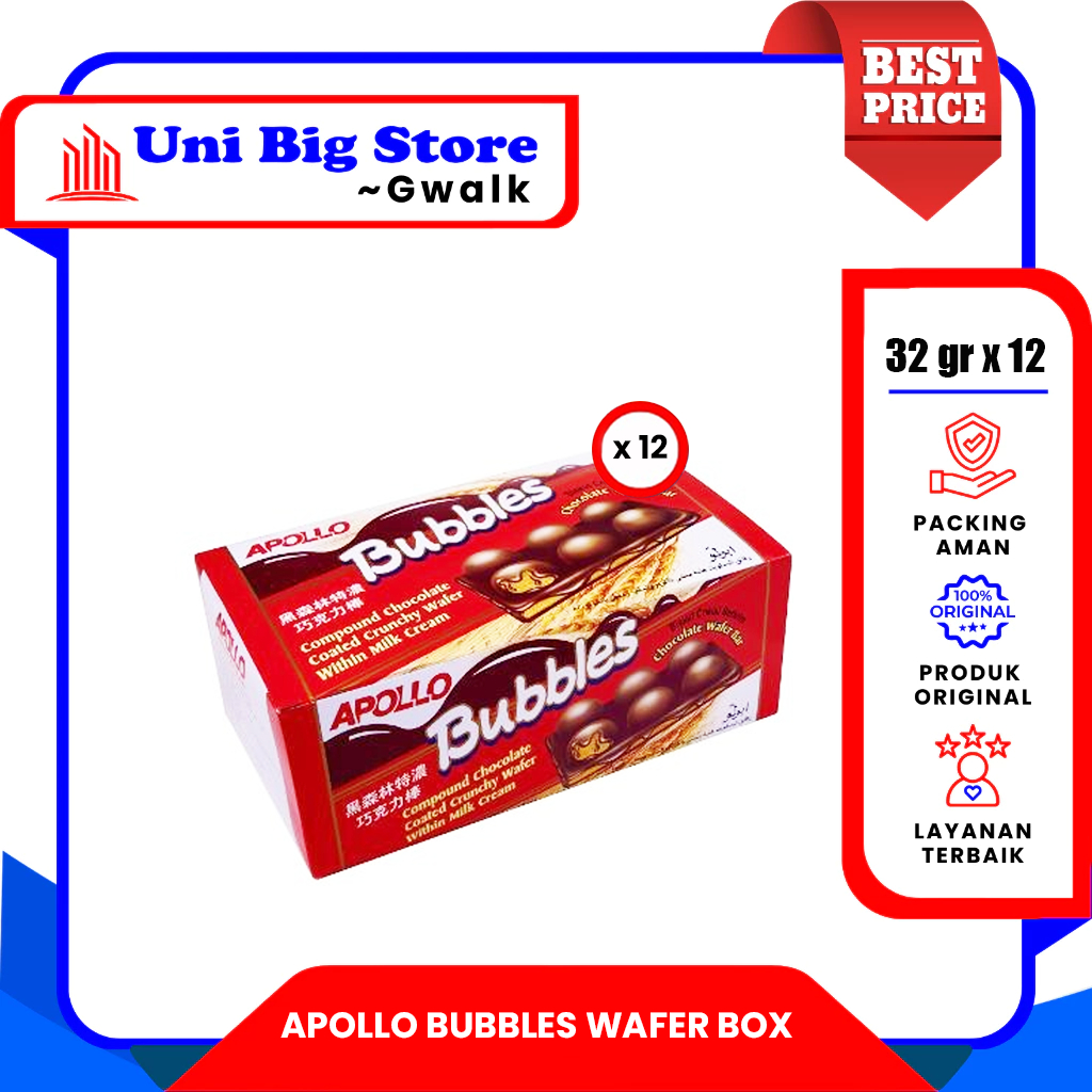 

APOLLO BUBBLES CHOCOLATE BISKUIT WAFER BOX - (32 gr x 12 pcs)