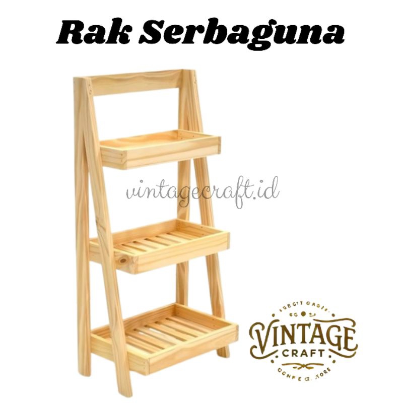 Rak Kayu Serbaguna 3 Tingkat - Rak Hiasan, Rak Tanaman, Rak Dapur Vintage