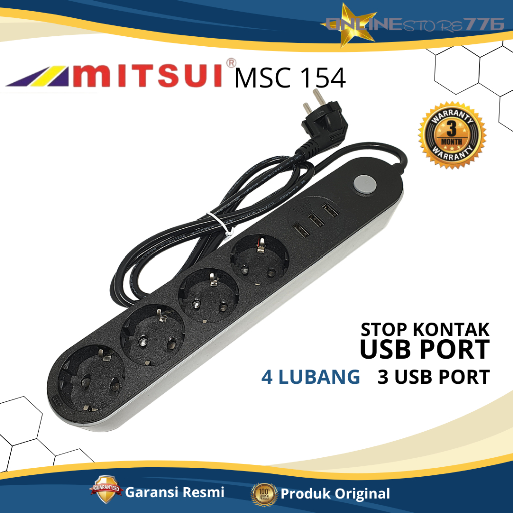 STOP KONTAK MITSUI 4 LUBANG + 3 USB PORT / MITSUI MSC 154 SNI