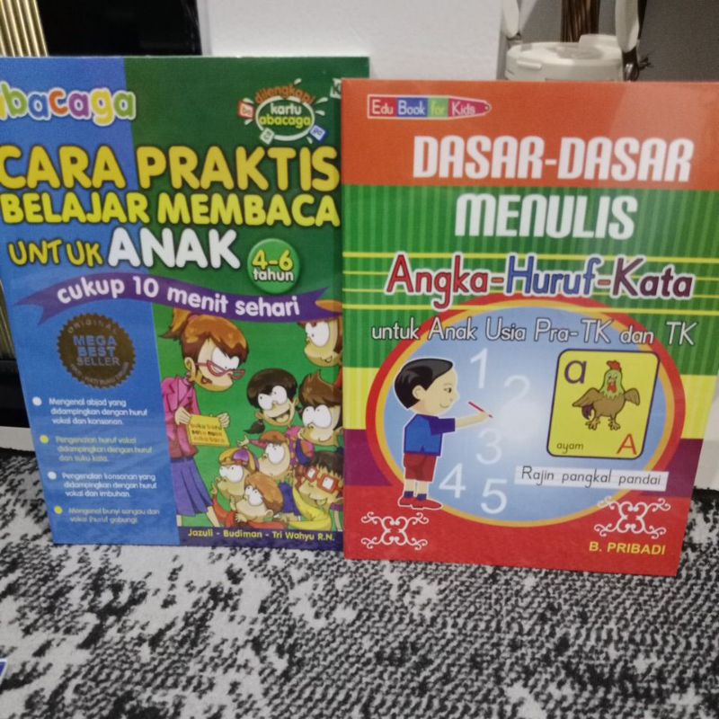 PAKET DUA BUKU DASAR DASAR MENULIS ANGKA - HURUF - KATA UNTUK ANAK USIA PRA- TK DAN TK & ABACAGA CAR