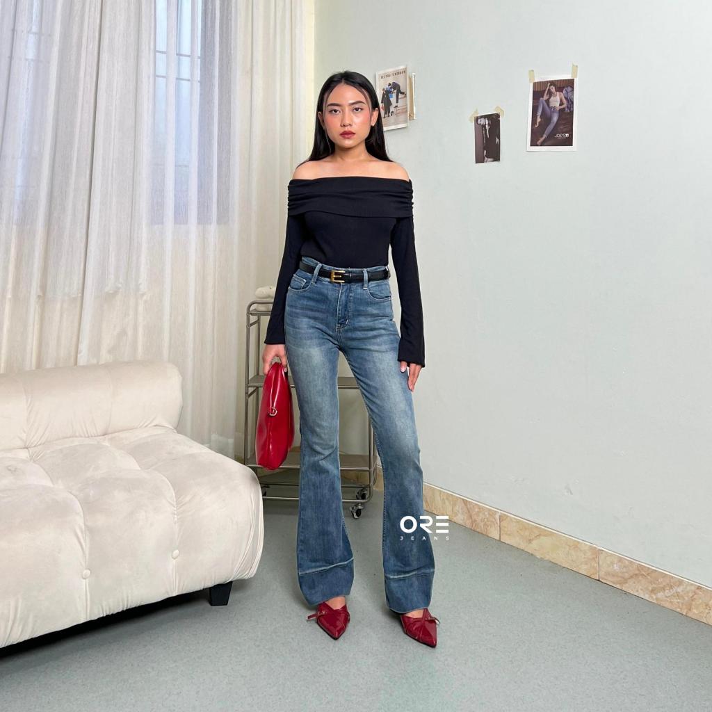 ORE - Jennie Cutbray Jeans Highwaist Lipatan Kaki Besar Jeans Strecht