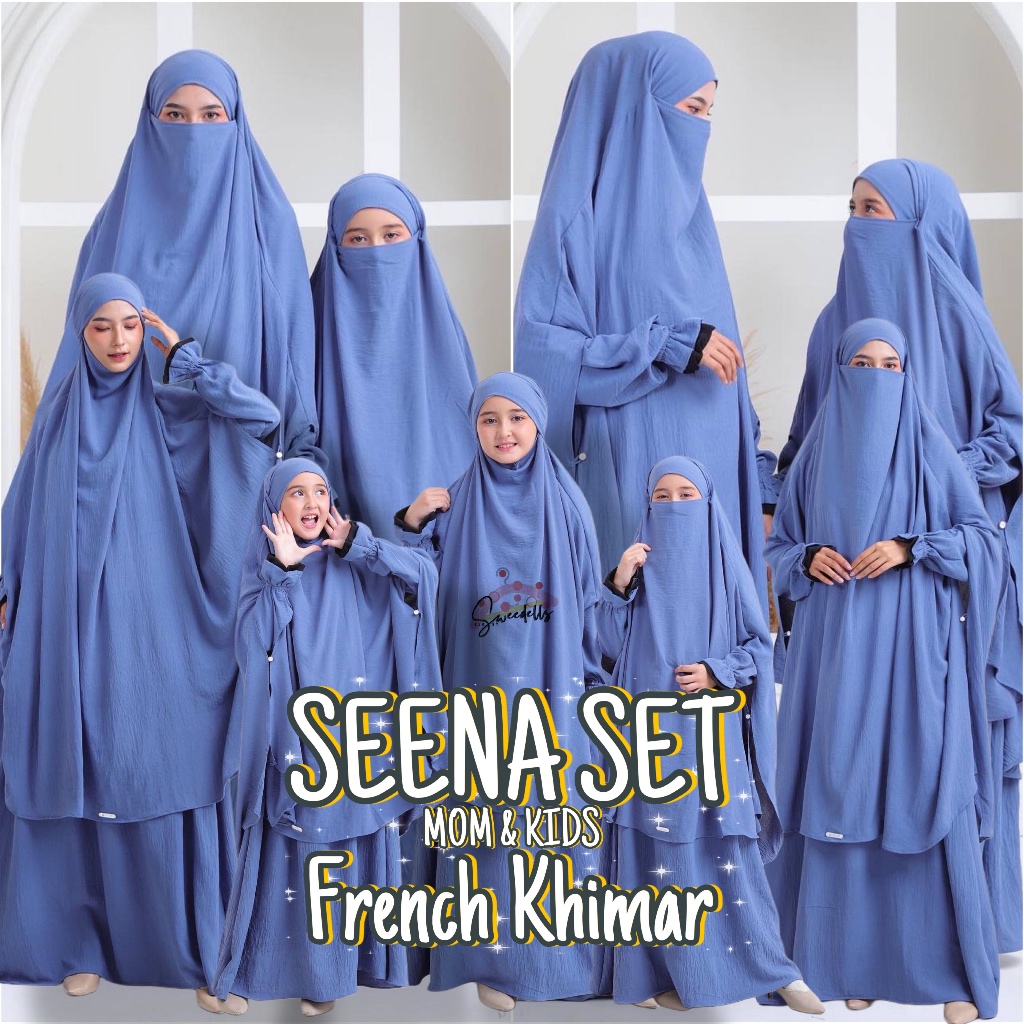 Sweedells / SEENA GAMIS ANAK FRENCH KHIMAR SET DENIM with MOM COUPLE/ Usia 3 - 13 Tahun Gamis Syar'i