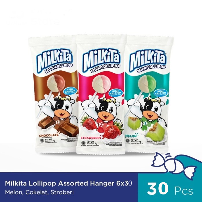 

Milkita Permen Lolipop Susu Hanger - Milk Candy 1 Bag (Isi 30Pcs) @9 gr - Coklat, Strawberry, Melon