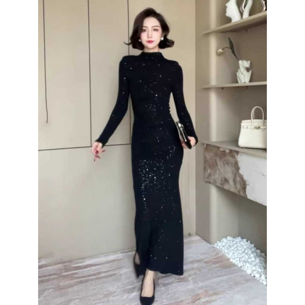 JMS Fashion  403  Gaun Berpayet Setengah Turtleneck Hitam untuk Wanita  Rok Panjang Bottoming Rampin