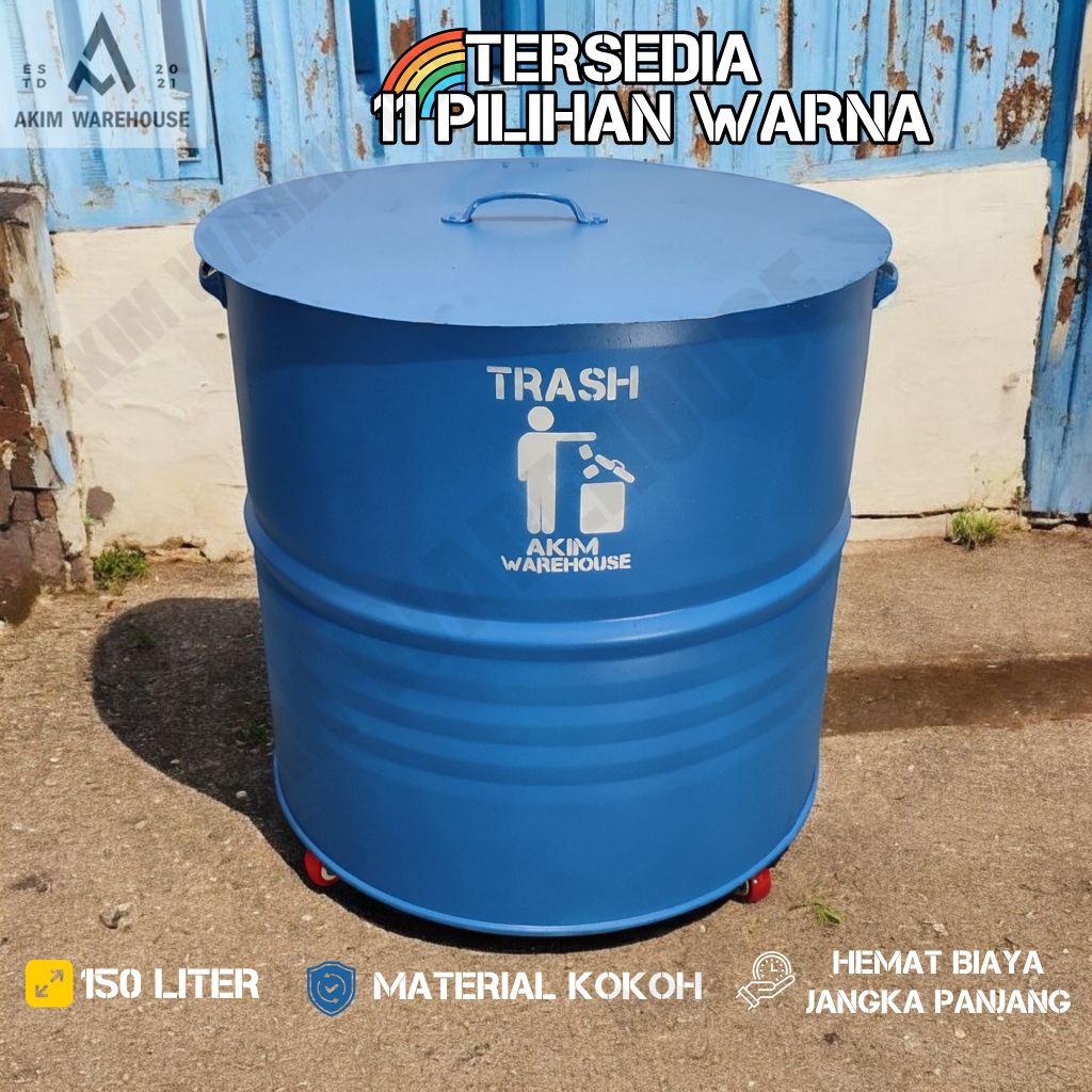 Tempat Sampah Besar Drum Besi 150 Liter Roda Engsel Kaki
