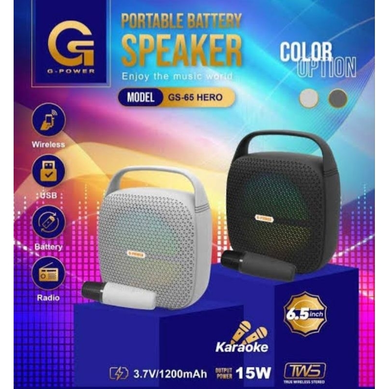 G POWER GPOWER PORTABLE BATTERY SPEAKER GS65 GS 65 HERO SPIKER PORTABEL MICROPHONE TANPA KABEL WIREL