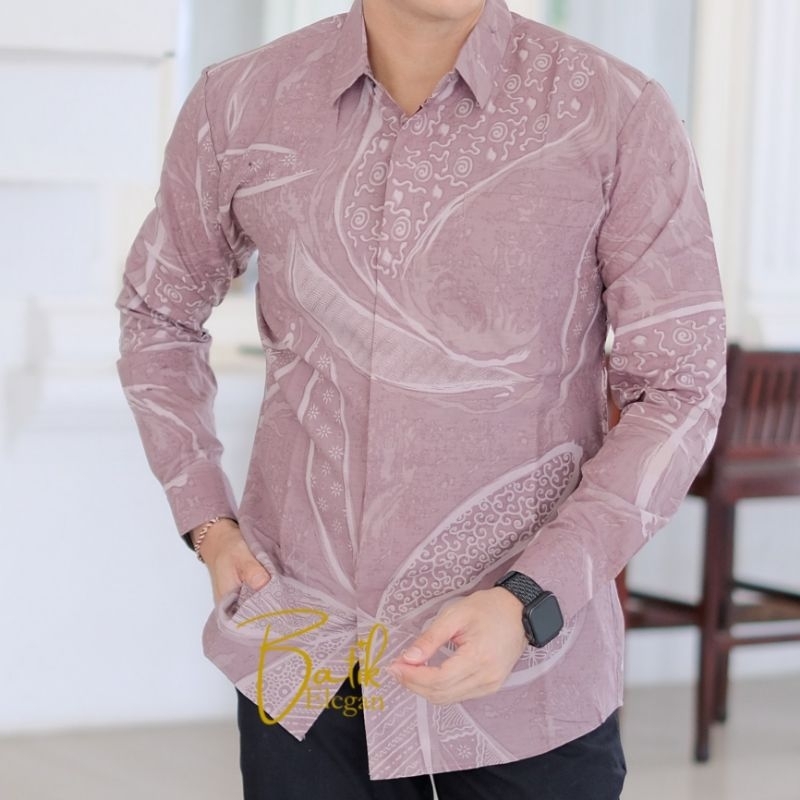 Batik Elegan kemeja batik pria lengan panjang Motif PUSPA PASTEL UNGU LILAC baju batik pria lengan p