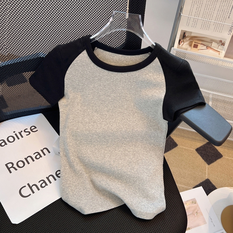 Kaos Lengan Pendek Leher Bulat Lengan Raglan Atasan Wanita Gaya Korea