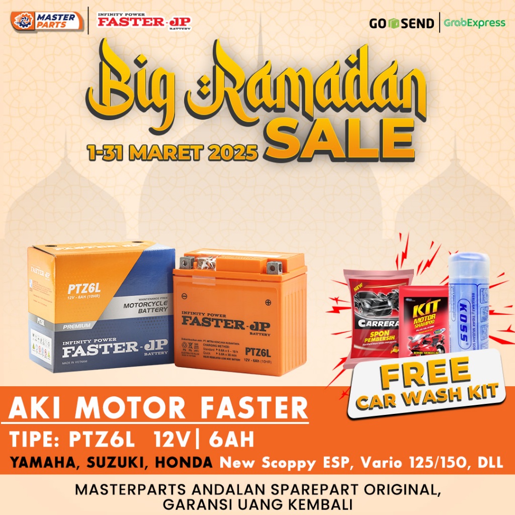 Aki Motor Faster JP PTZ6L 12V 6Ah untuk Yamaha, Suzuki, Honda New Scoppy ESP, Vario 125/150, DLL