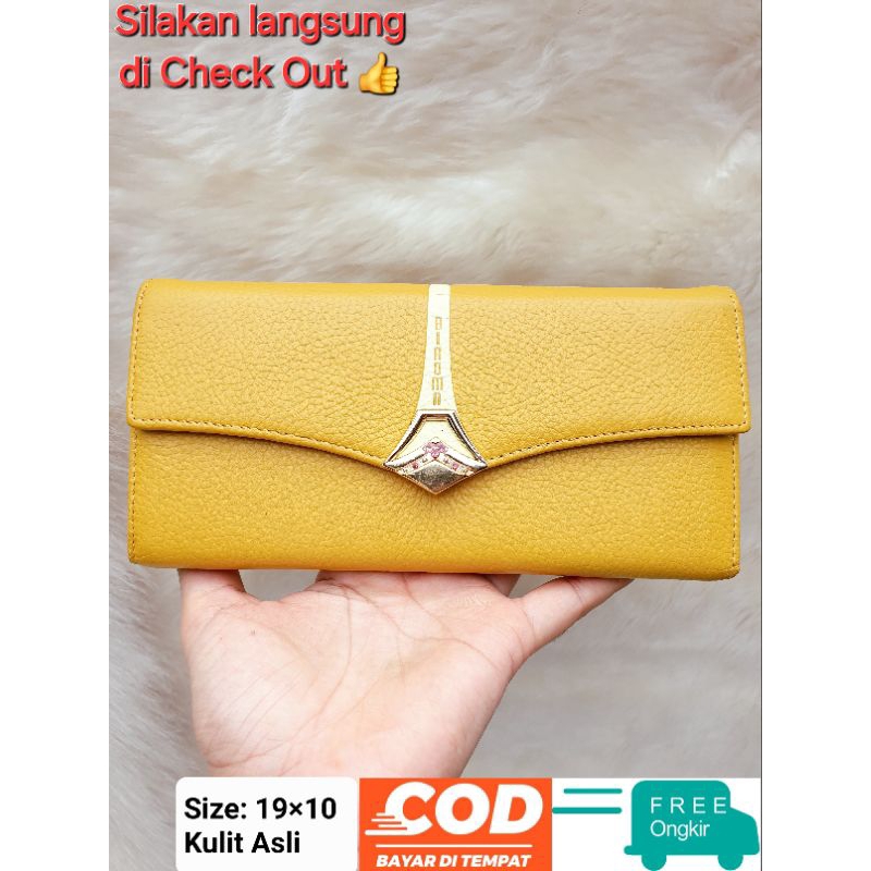 Biaoma Dompet Panjang Lipat Wanita Kulit Asli Kuning