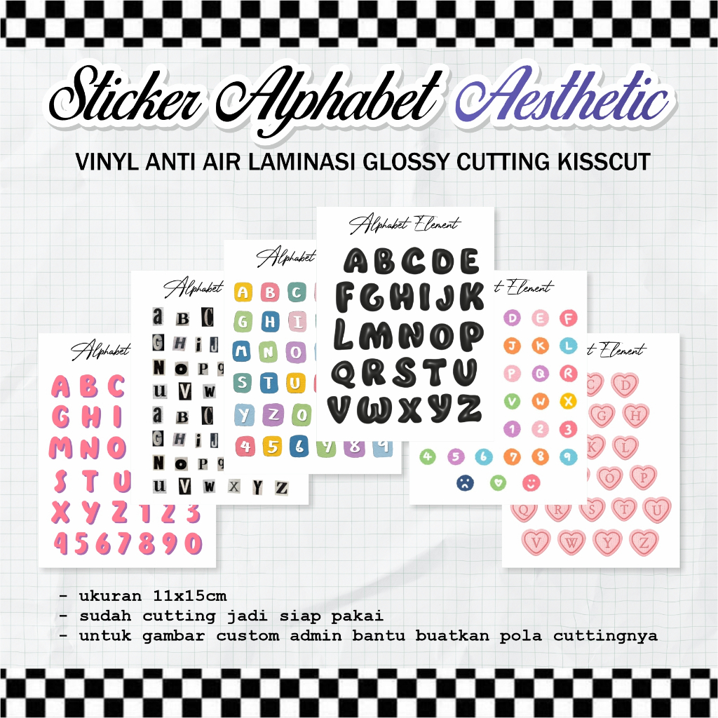 

STICKER ALFABET DEKORASI AESTHETIC VINYL ANTI AIR UNTUK JURNAL, LAPTOP, CASE HP SUDAH CUTTING