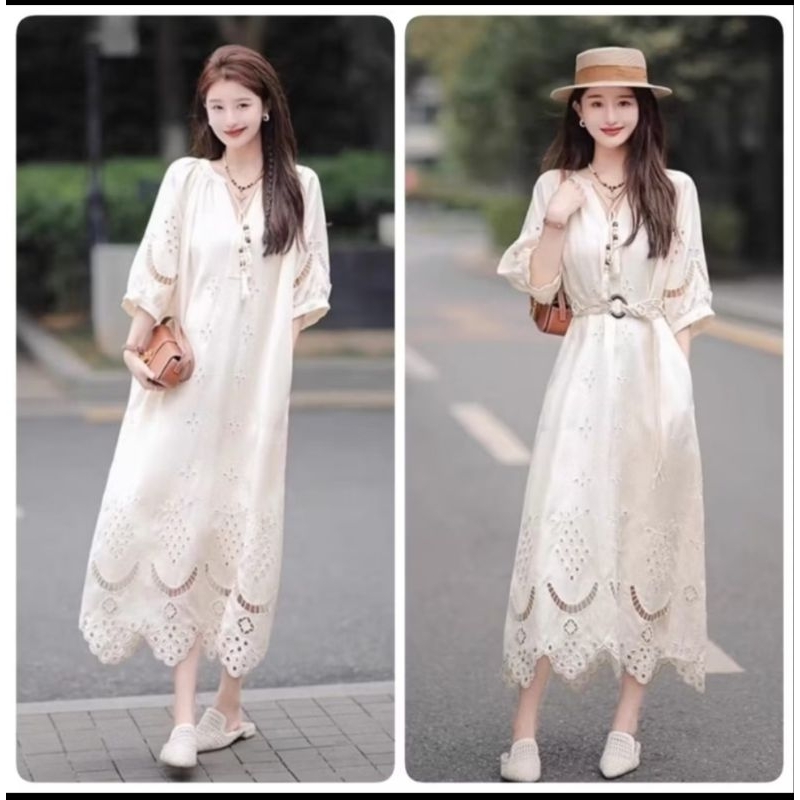 DRESS THREE M EMBROIDERY COTTON MAXI DRESS KOREA KOREAN