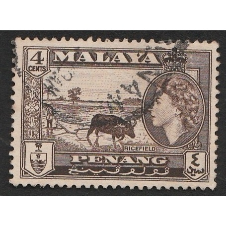 

A 11345 SATU BUAH PRANGKO PENANG MALAYA NOMINAL4 CENTS TEMA QUEEN ELIZABETH DAN RICE FIELD DENGAN KONDISI SUDAH ADA CAP