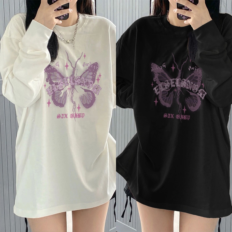 Kaos Oversize Lengan Panjang Wanita Pink Butterfly/Baju Kaos Lengan Panjang Wanita Terbaru Kekinian 