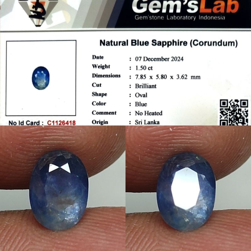 Natural Blue Sapphire Srilanka No Heated 1.5ct Memo GLI