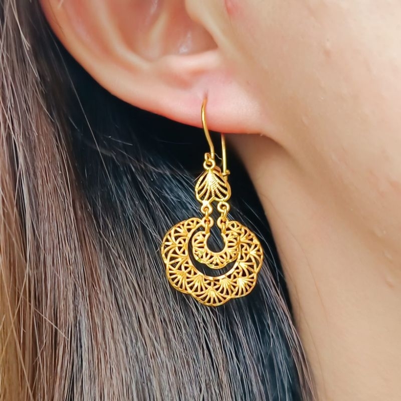 anting etnik model India model bulat emas asli kadar 875