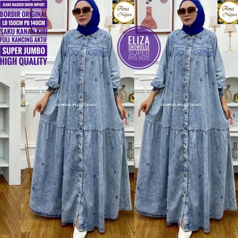 Eliza Dress Maxy Gamis Jeans Super Jumbo Bordir Bunga Busui Kancing Aktif By Amj