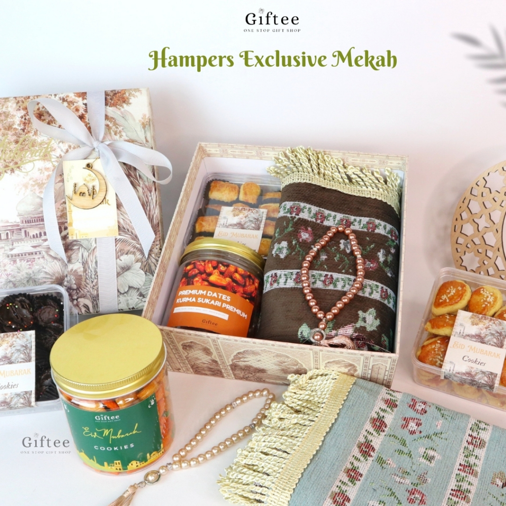 

HAMPERS LEBARAN MEKAH EXCLUSIVE HARD BOX ISI KUE KERING SAJADAH COOKIES TASBIH MUTIARA SAJADA SNACK KURMA PREMIUM KEMASAN TOPLES GIFT SET BOX BINGKISAN IDUL FITRI PARCEL PARSEL SOUVENIR LEBARAN KADO LEBARAN HADIAH EID MUBARAK RAMADHAN MEWAH BY GIFTEE ID