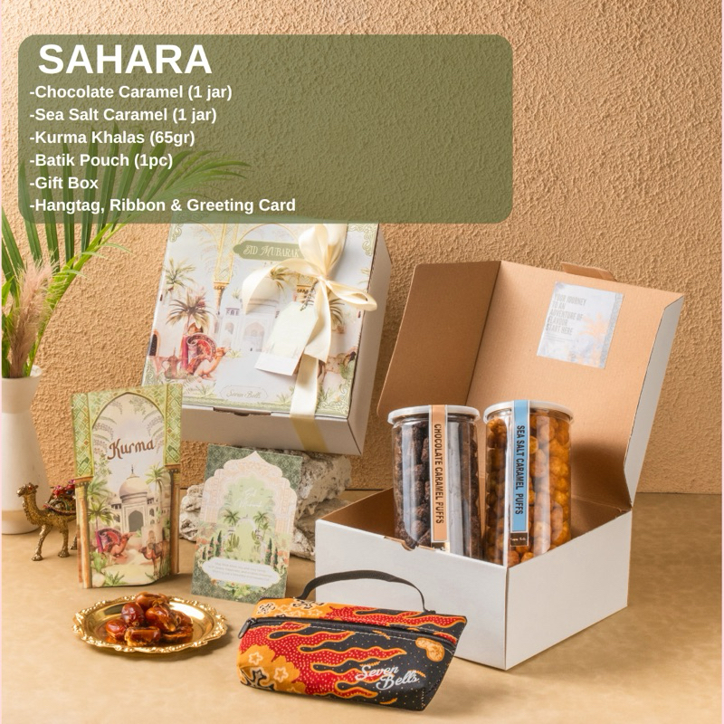 

(SAHARA) Hampers / Parcel Paket Lebaran Eid Hampers Seven Bells Gourmet Corn Puffs - 2 Jars + Batik Pouch + Kurma