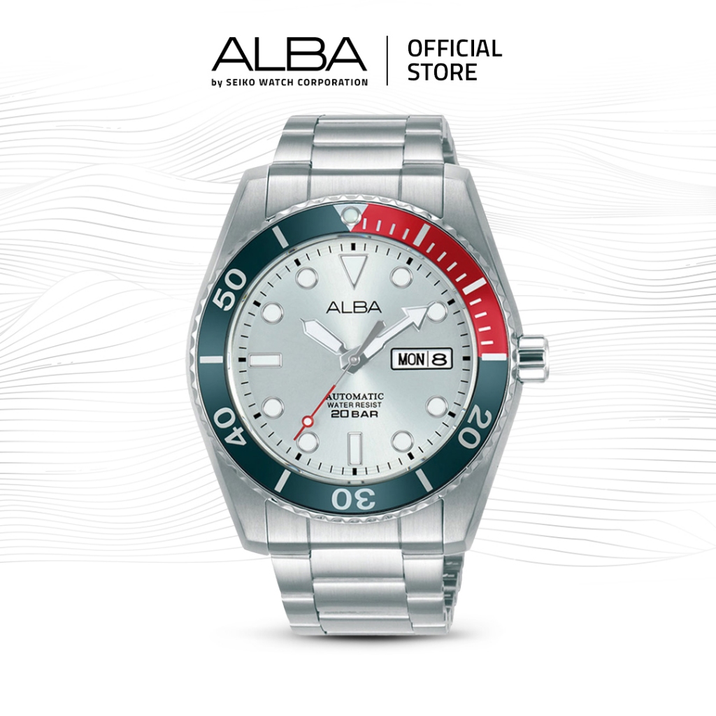 Alba Mechanical Jam Tangan Pria AL4295 / AL4295X1 Automatic Silver White Dial Blue Red Bezel Stainle