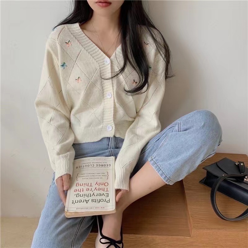 ROSELLA Cardigan Rajut Crop Top/Cardigan Rajut Blossom Motif Bunga Import,Cardigan Crop Motif