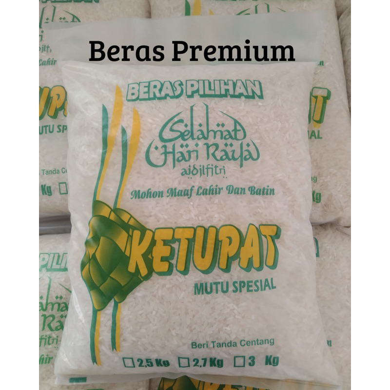 

BERAS PREMIUM UNTUK ZAKAT, THR, PAKET LEBARAN UKURAN 2.5kg, 2.7kg, dan 3kg putih pulen