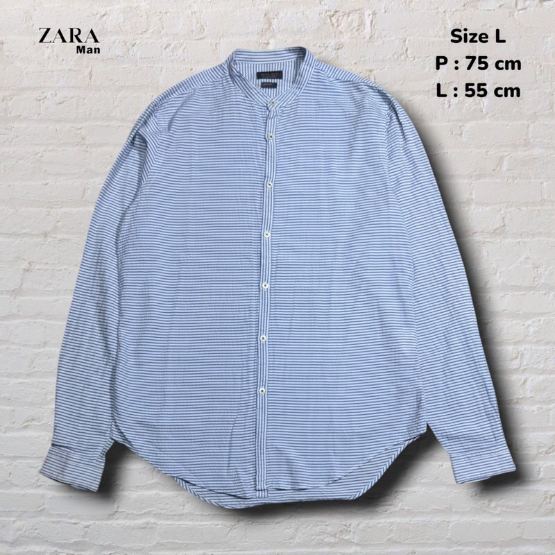 Size L Kemeja Panjang Sanghai Zara Man Linen Salur Biru Original Second Preloved #K18