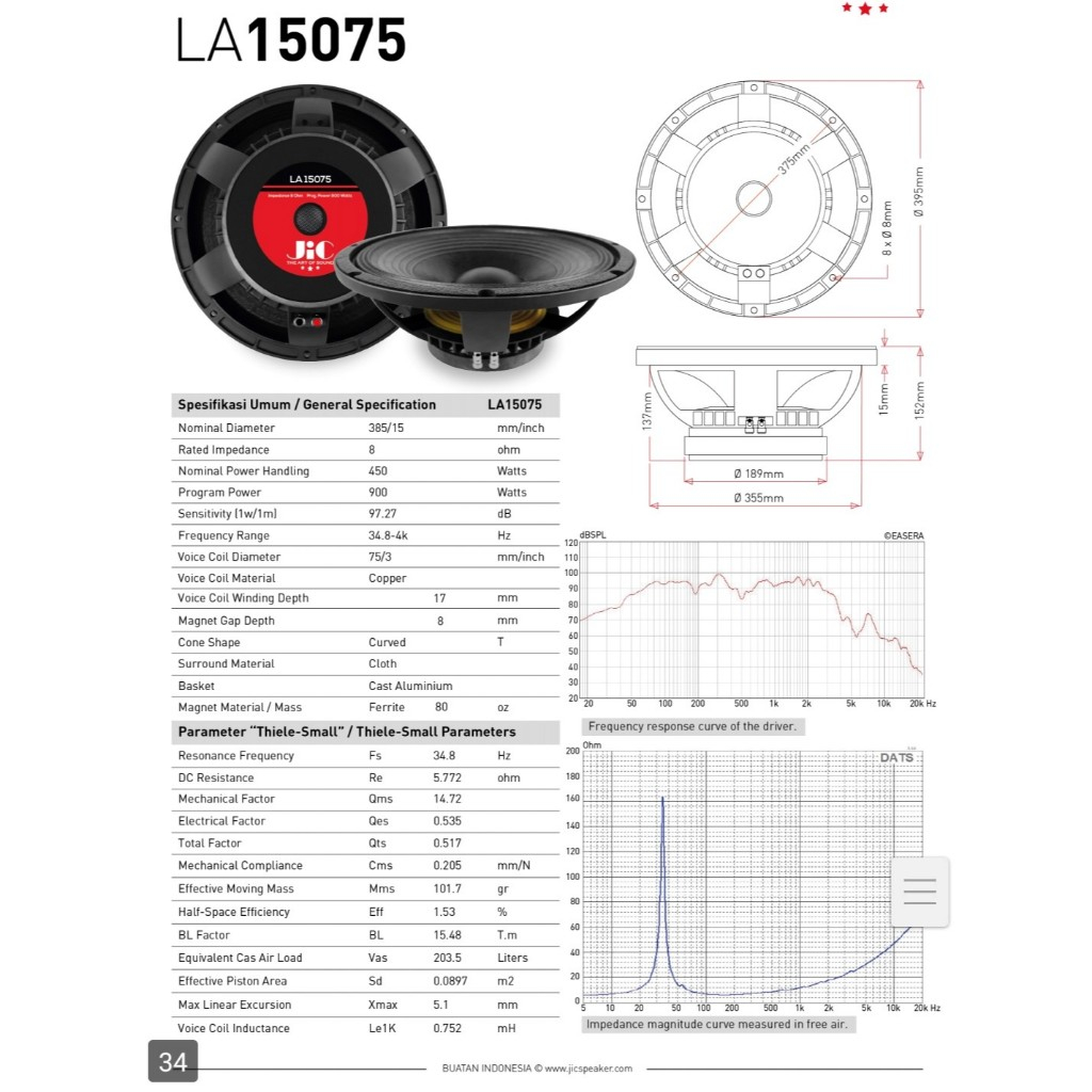 SPEAKER 15 INCH JIC TYPE LA 15075 VC 3 INCH