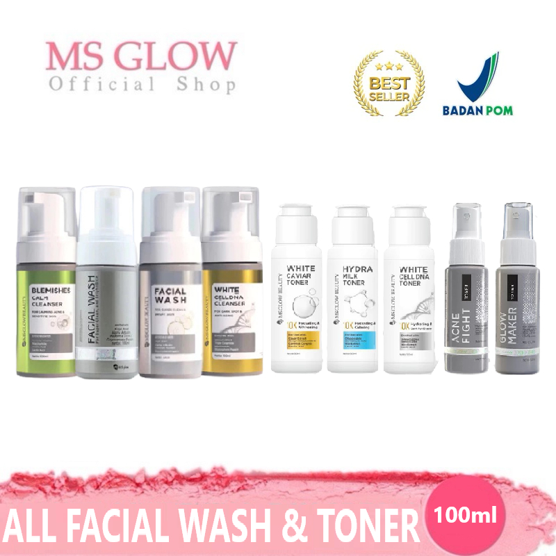 MS GLOW ECER FACIAL WASH | BRIGHTENING | BLEMISHES CALM CLEANSER | WHITE CELL DNA | TONER GLOW MAKER