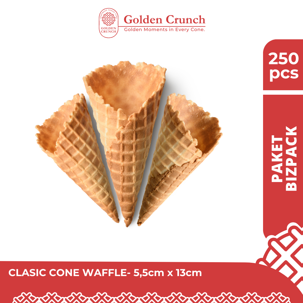 

Paket BizPack Classic Cone Waffle 5.5cm x 13cm Isi 250 pcs | Cone Es Krim Renyah – Golden Crunch