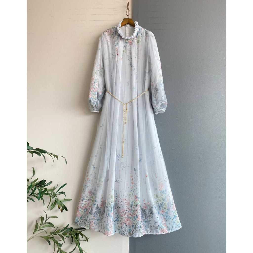 Domscorner - Aaira maxi dress - gamis - baju gaun pesta flower - tille full + brokat - puff sleeves 