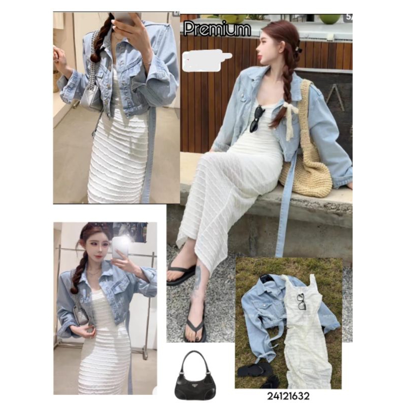 set midi dress plus jeket jeans crop premium korean style