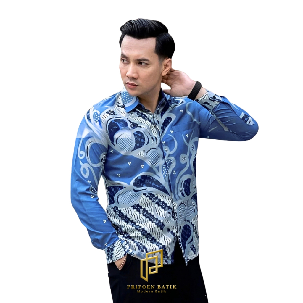 PRIPOEN BATIK  Kemeja Batik Pria Lengan Panjang  Baju Batik pria if Mulyo Biru Denim
