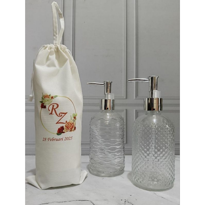 SOUVENIR BOTOL SABUN KACA PUMP KEMASAN BLACU / SOUVENIR PERNIKAHAN / SOUVENIR WEDDING / SOUVENIR KAN