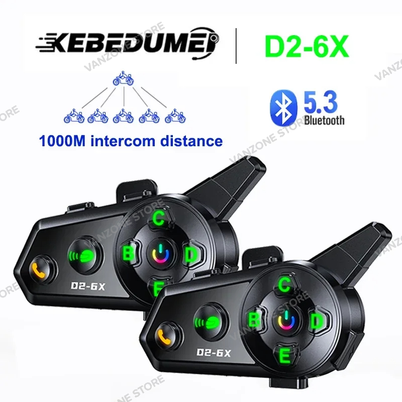 Intercom Helm D2-6X Bluetooth Headset 6 Riders Call IPX6 1000mAh