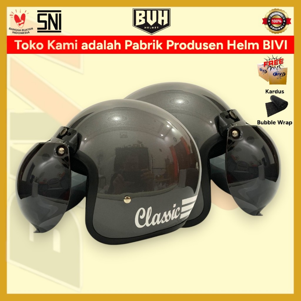 Helm BIVI Bogo Classic Gunmetal Glossy + Kaca SNI Retro Half Face Hijab Bivi Helmet Retro
